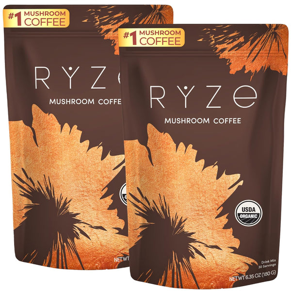 RYZE Mushroom Coffee Starter Kit (Pack of 2) – Organic Instant Coffee with 6 Adaptogenic Mushrooms & MCT Oil | Boost Energy, Focus, Immunity & Digestion | Lions Mane & Turkey Tail | 60 Servings